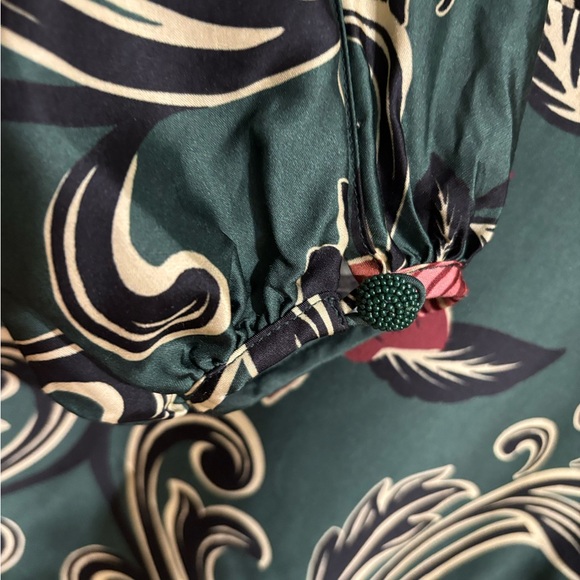 FARM RIO. Floral beaded WRAP DRESS mini length Green/wine print LONG SLEEVE s - Picture 5 of 8